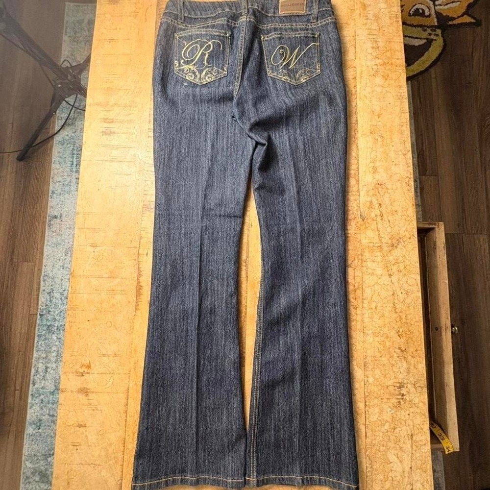 Rare vintage Rocawear navy slim bootcut jeans, yello stitching, embroidery Sz 11